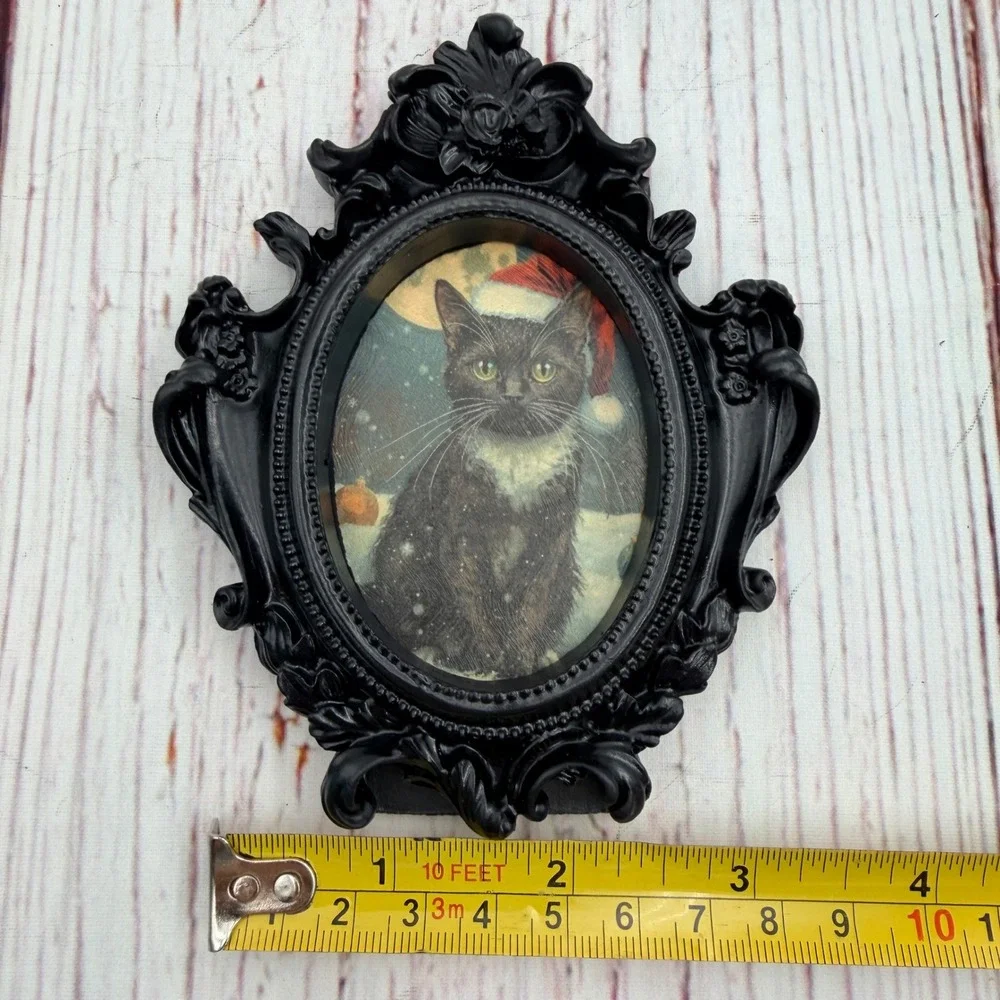 Victorian Gothic Black Resin Frame Christmas Black Cat Santa Hat Decoupage Art